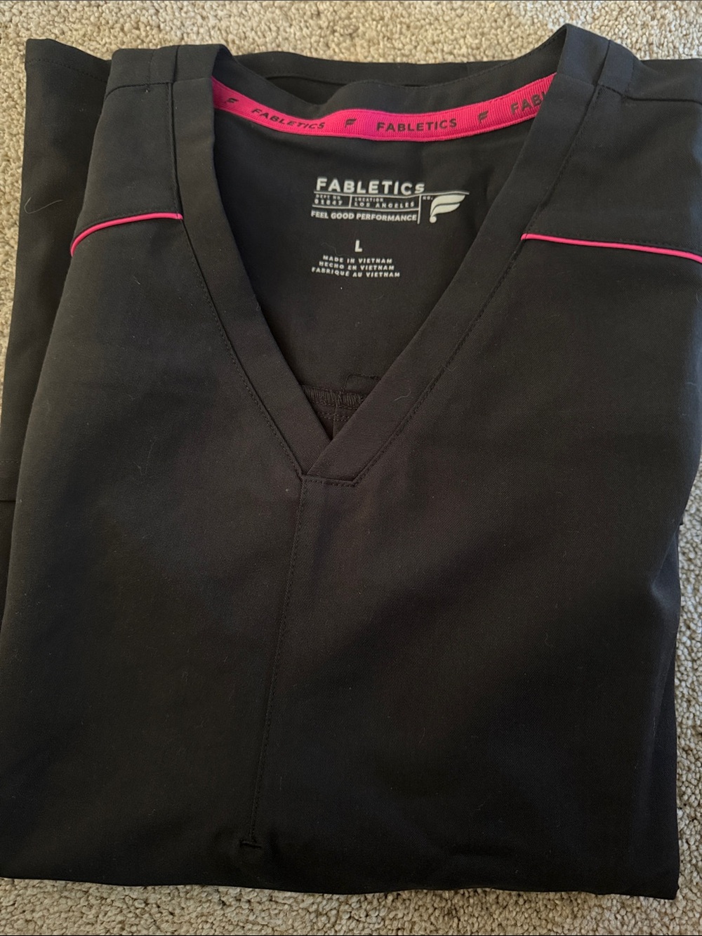 Fabletics Black Scrub Top with Pink Trim